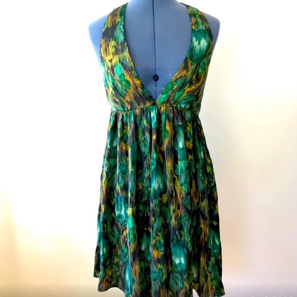 Alice + Olivia Green Silk- Blend Halter Mini Dress. S.